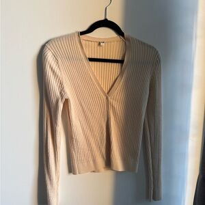 Uniqlo Beige Ribbed Knit V-Neck Sweater